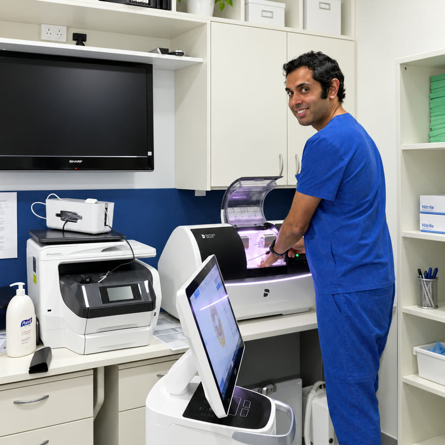 Dr Sundeep Suaan at the CEREC milling unit that makes same-day crowns