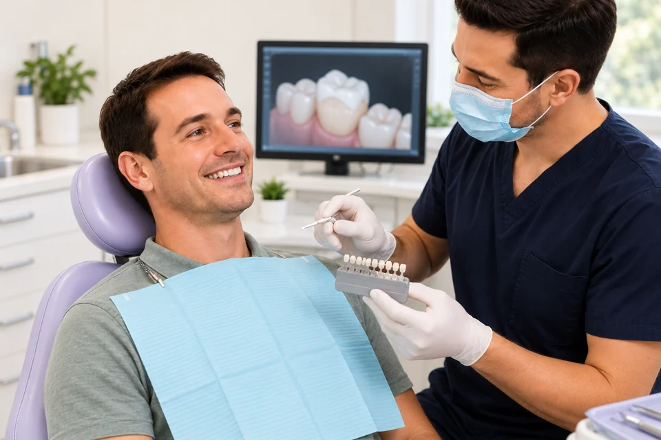 A clinician explaining resin bonding options to a patient.