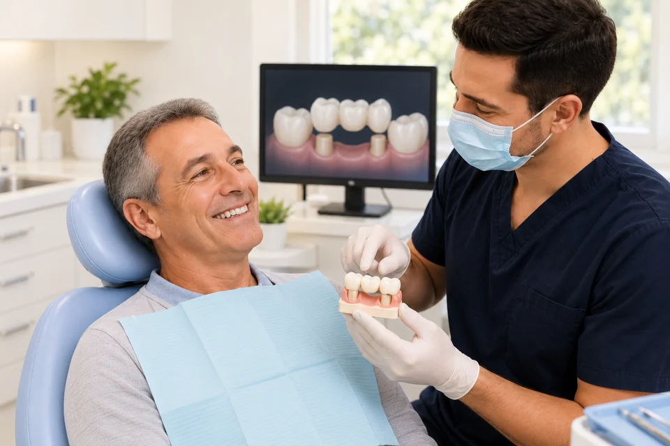A clinician explaining a dental bridge using a small model.