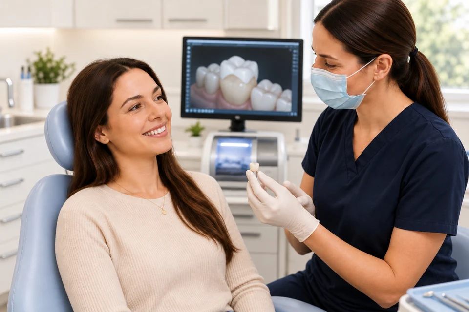 A clinician explaining a ceramic crown to a smiling patient.
