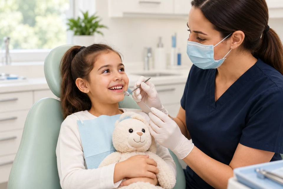 A smiling child with her teddy bear at a gentle dental visit.