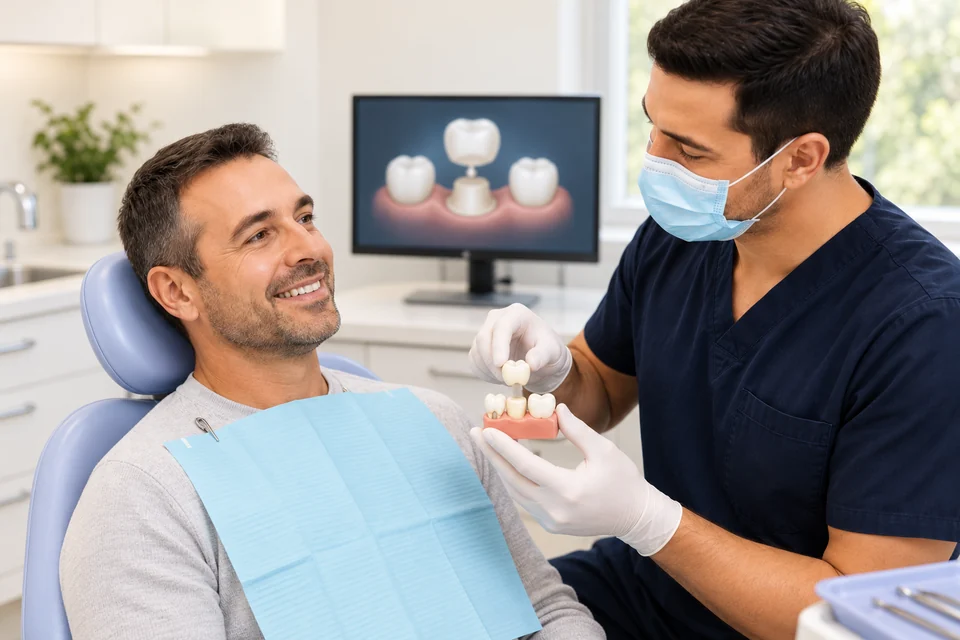 A clinician using a model to explain a dental crown.