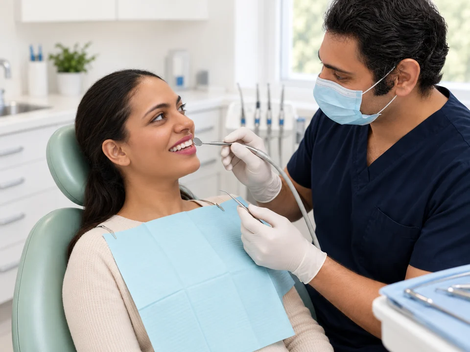 A clinician providing gentle dental hygiene care.