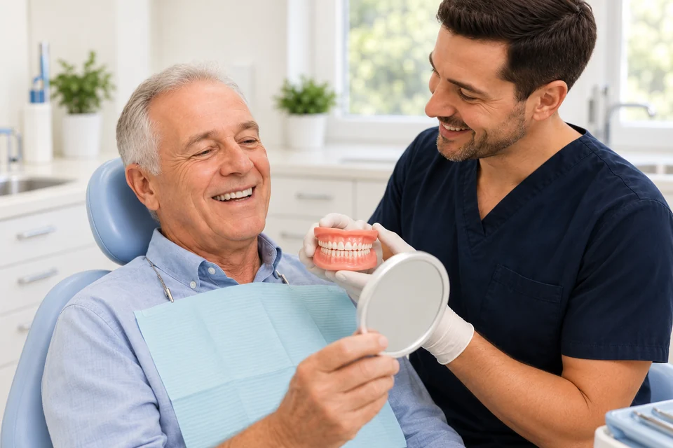 A smiling patient discussing dentures with his clinician.