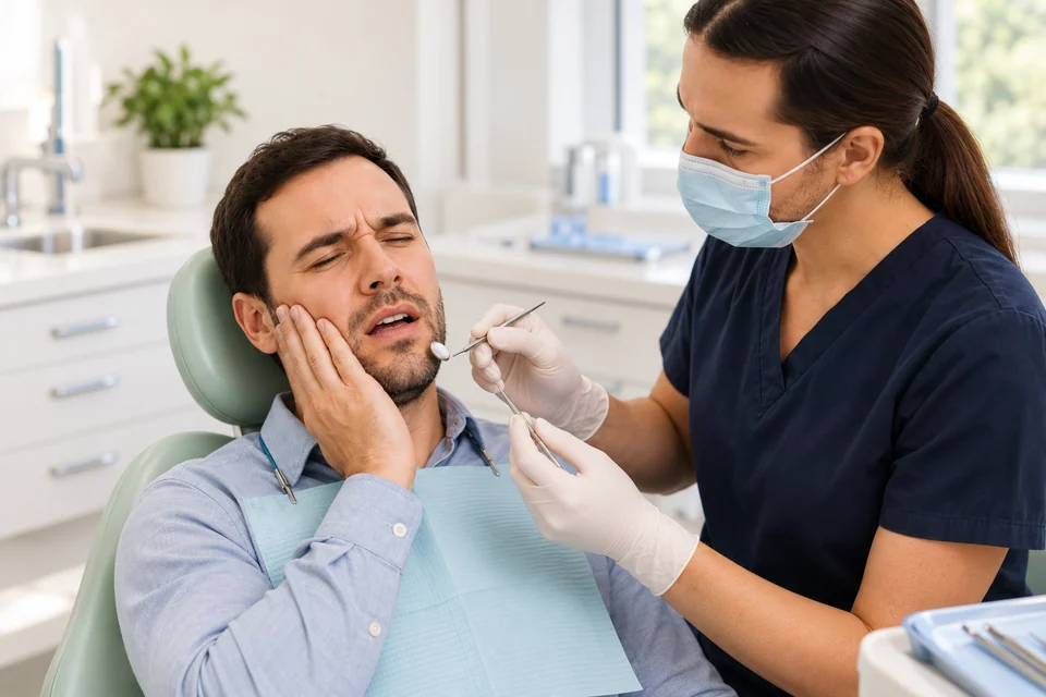 A clinician helping a patient who has tooth discomfort.