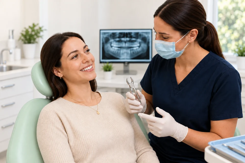 A clinician reassuring a patient before extraction care.