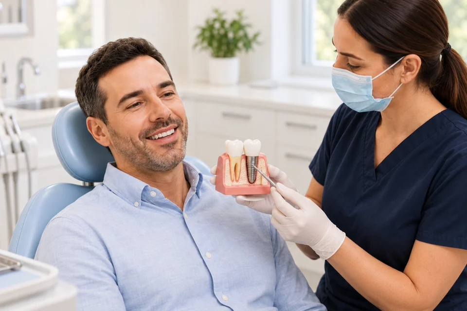 A clinician discussing a dental implant model with a patient.