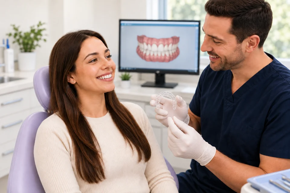 A patient discussing clear aligners with her clinician.