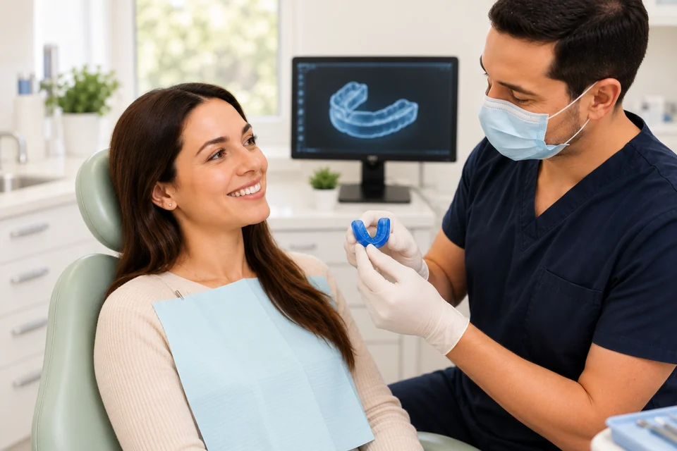 A clinician discussing a custom mouthguard with a patient.