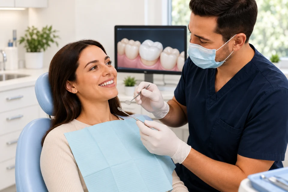 A patient discussing restorative dental care with her clinician.