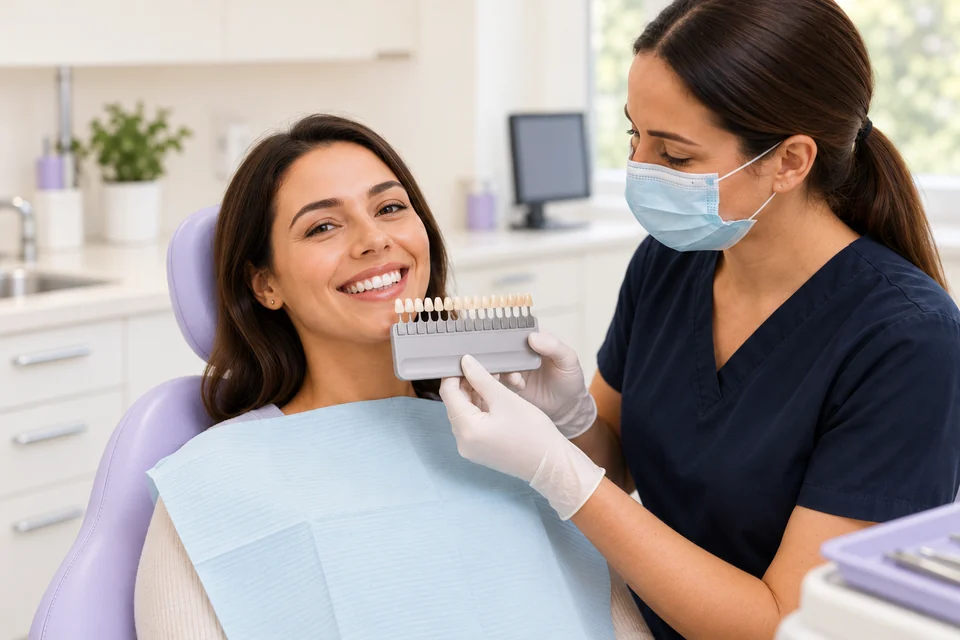 A clinician comparing natural tooth shades with a smiling patient.